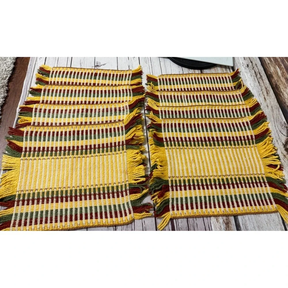 Set Of 8 Hand Made Placemats MCM Yellow Green Burgundy Knit